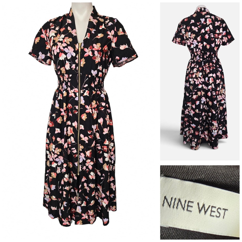 Nine West Floral Zip Front Smocked Waist Midi Dress Black Pink Small